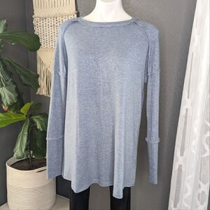 Easel Oversized Washed Cotton Blue Long Sleeve Tunic Top